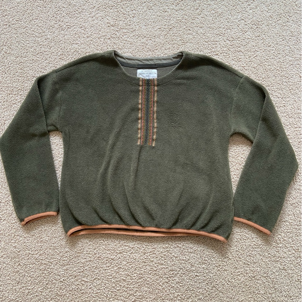 Cooperative Olive Green Crewneck Sweater with Tan Trim and Center Stripe